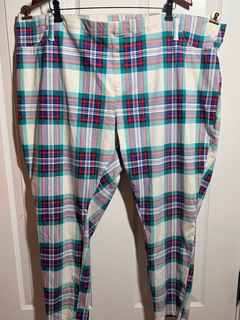 Terra & Sky Cream Plaid Jeggings with Blue & Red Accents